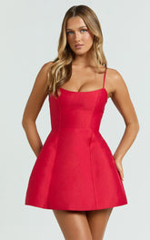 Carolina Mini Dress - Scoop Neck Panel Bodice Dress in Red